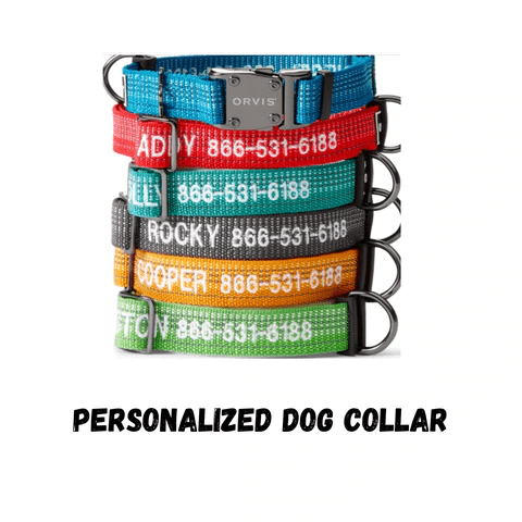 Picture of multiple colored dog personalized collars stacked on top of each other.