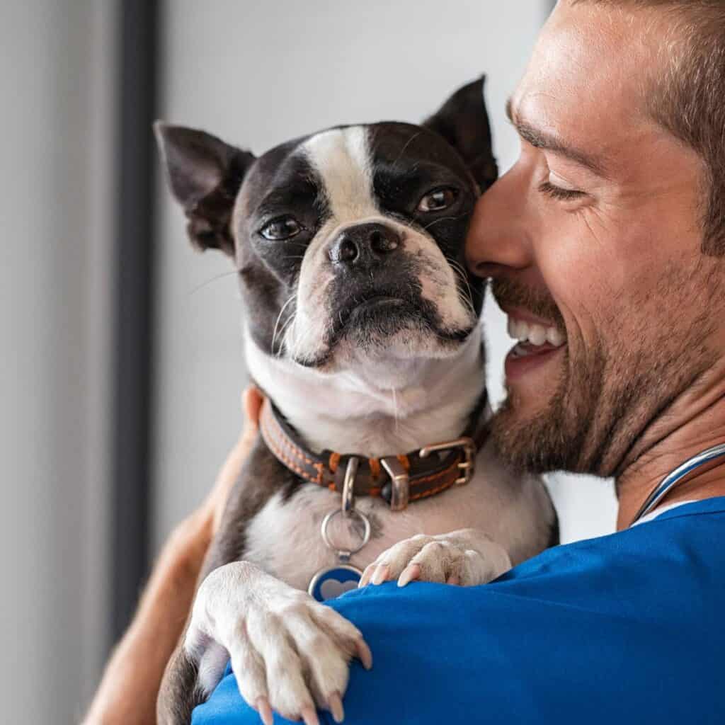 Small black and white dog being hugged by a man who is smiling.