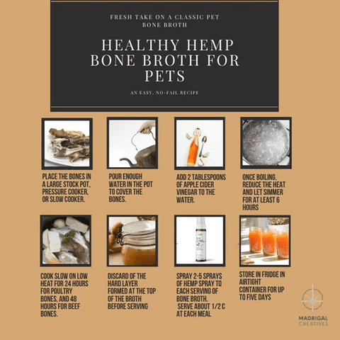 Complete step by step recipe to make bone broth for pets and add CBD hemp spray to it.