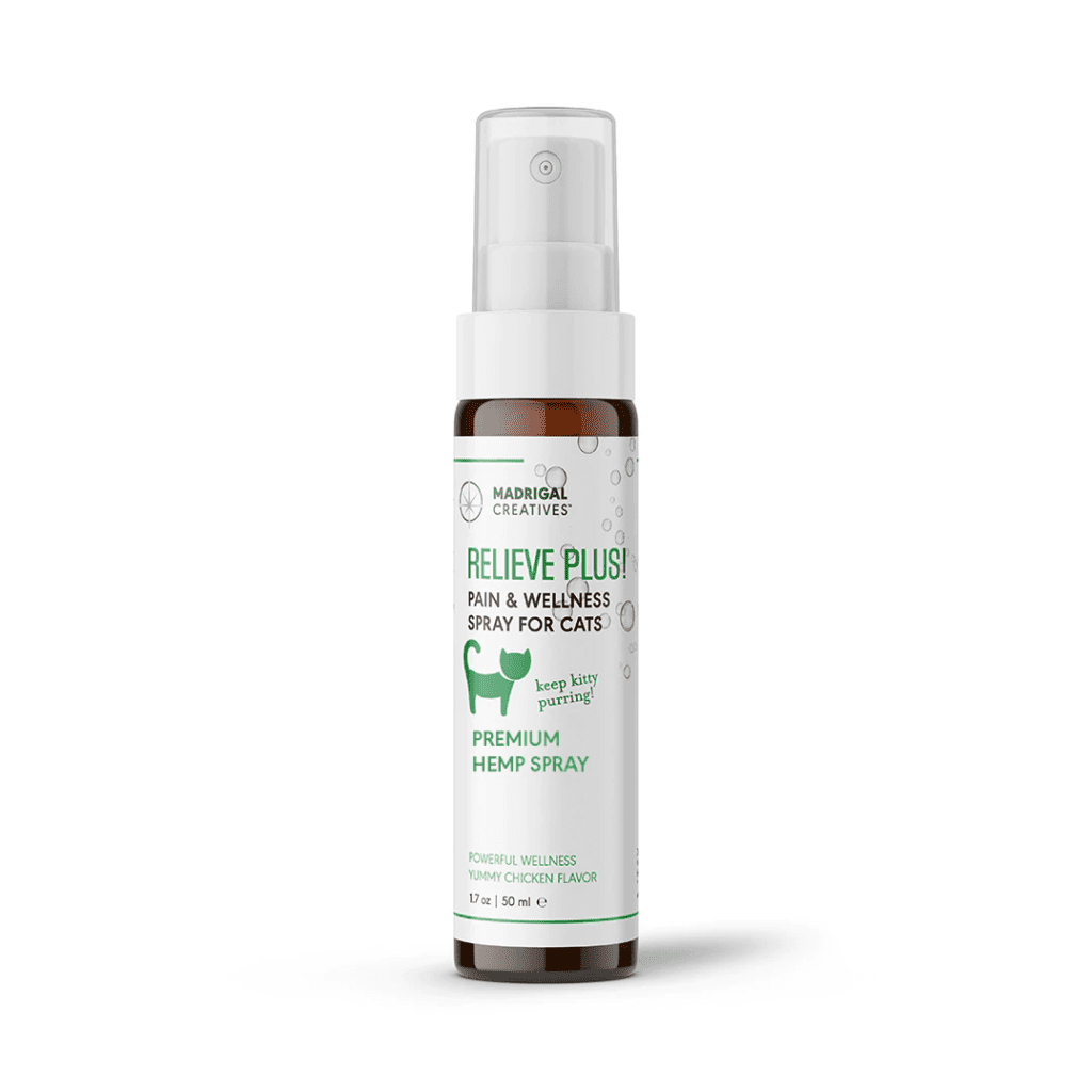 Bottle of Relieve Plus hemp cbd spray for cats on a white background.