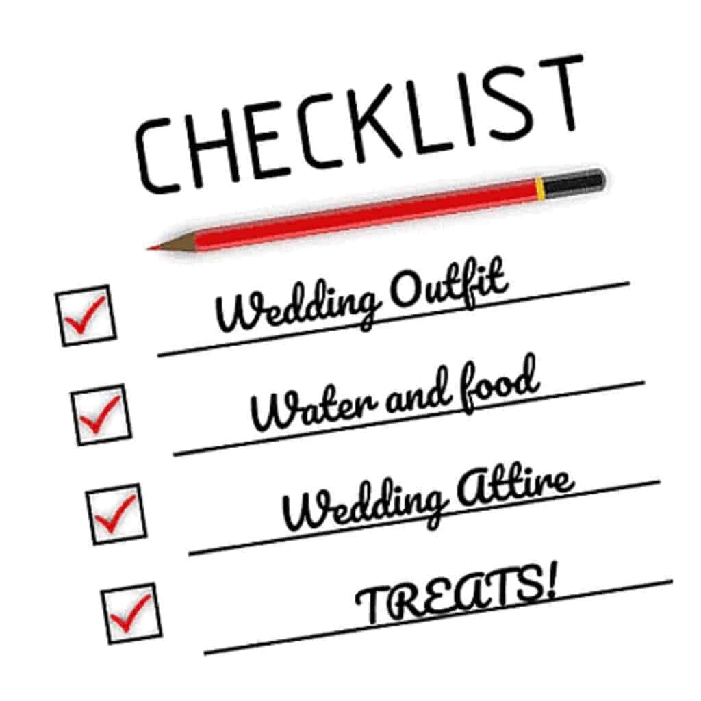 An image of a list with various items dog owners will need to take with their dog to the wedding.