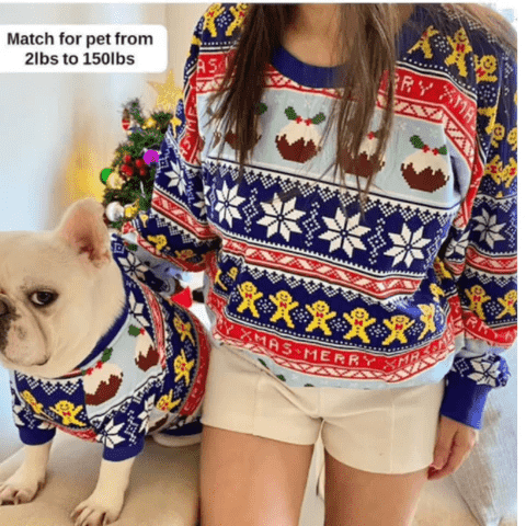 Picture of a lady with a bulldog in matching Christmas sweaters.