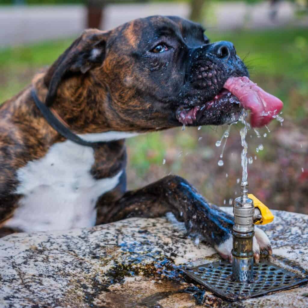 Brindle boxer with white chest enjoying a drink from a water fountain.
