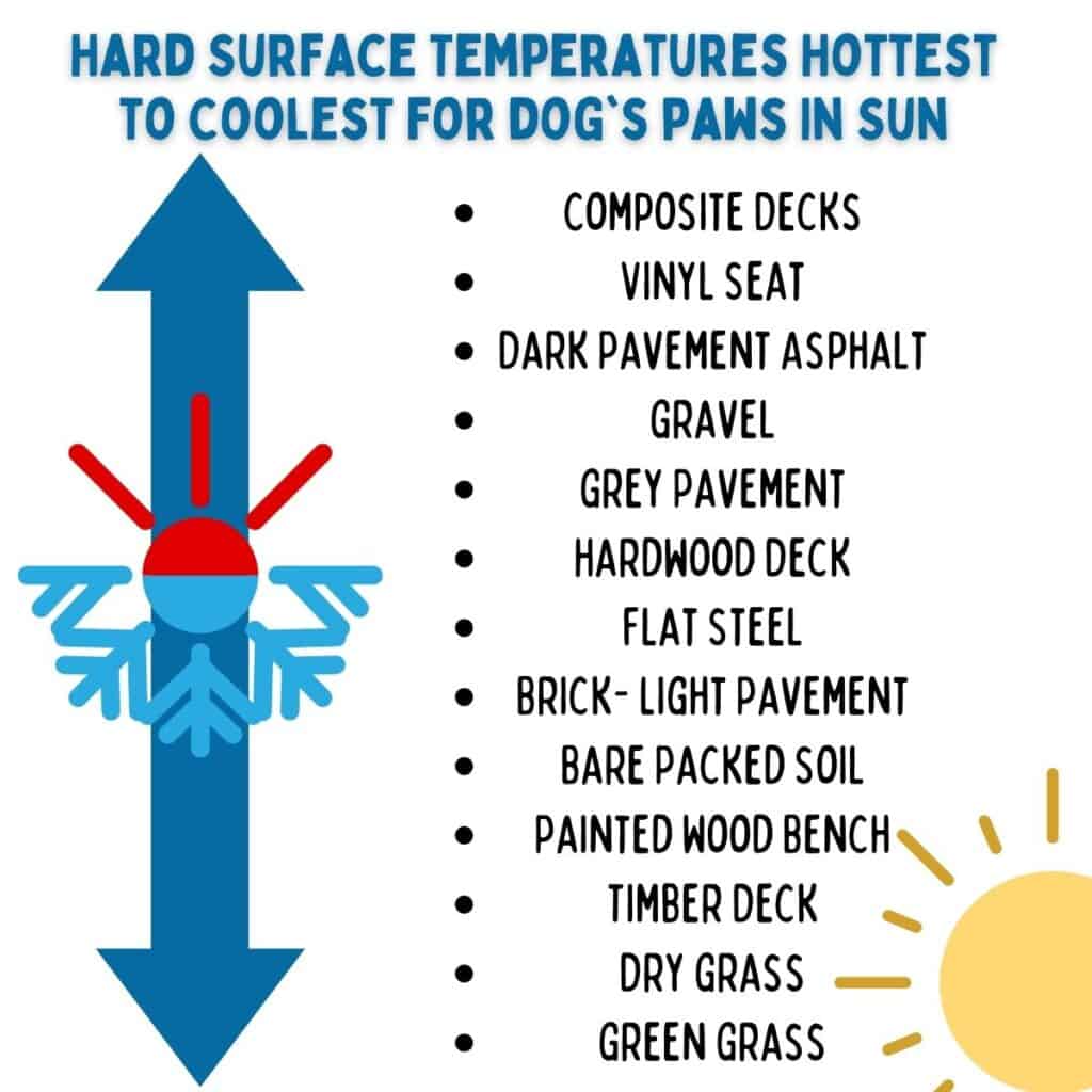 An infographic showing the hottest hard surfaces for dogs to walk on with graphics and all different types of surfaces.