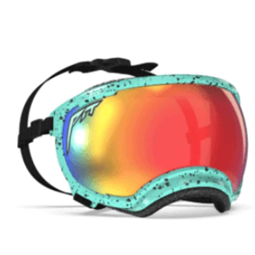 A Picture of dog sunglasses that are mirrored with orange and blue trim around the lens.