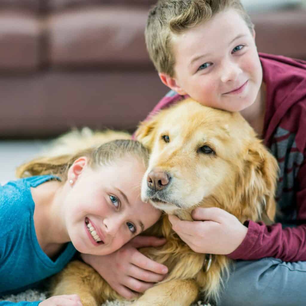 Boy and girl hugging a Golden Retriever dog in a living room.