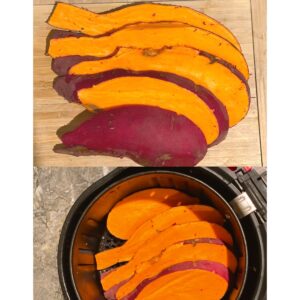 Two pictures of sweet potatoes being prepped to make sweet potato air fryer dog treats one shows sliced sweet potato on a cutting board another slices of sweet potato in an air fryer bin