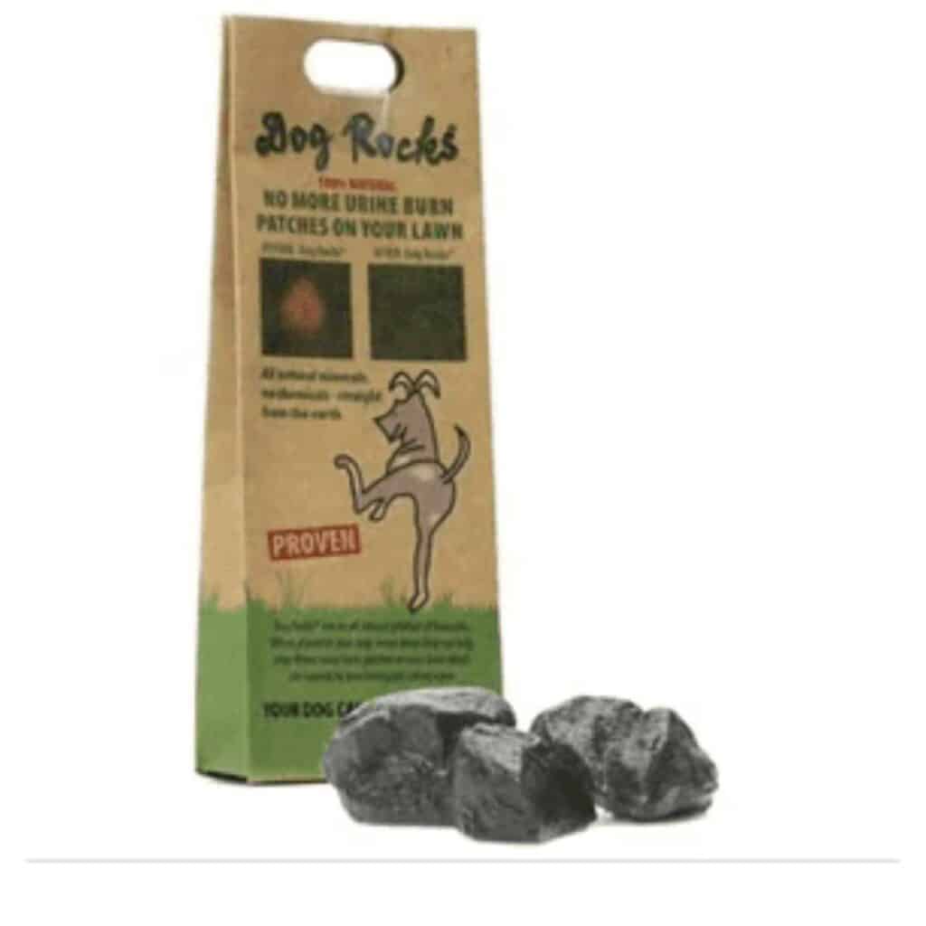 A picture of dog rocks, rocks that are purportedly able to stop dog urine spots on lawns.