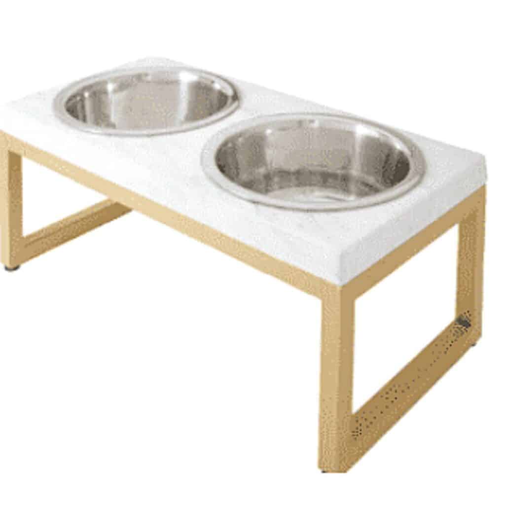 Raised dog bowl system for your senior dog to eat more comfortably two bowls in a wooden cradle.