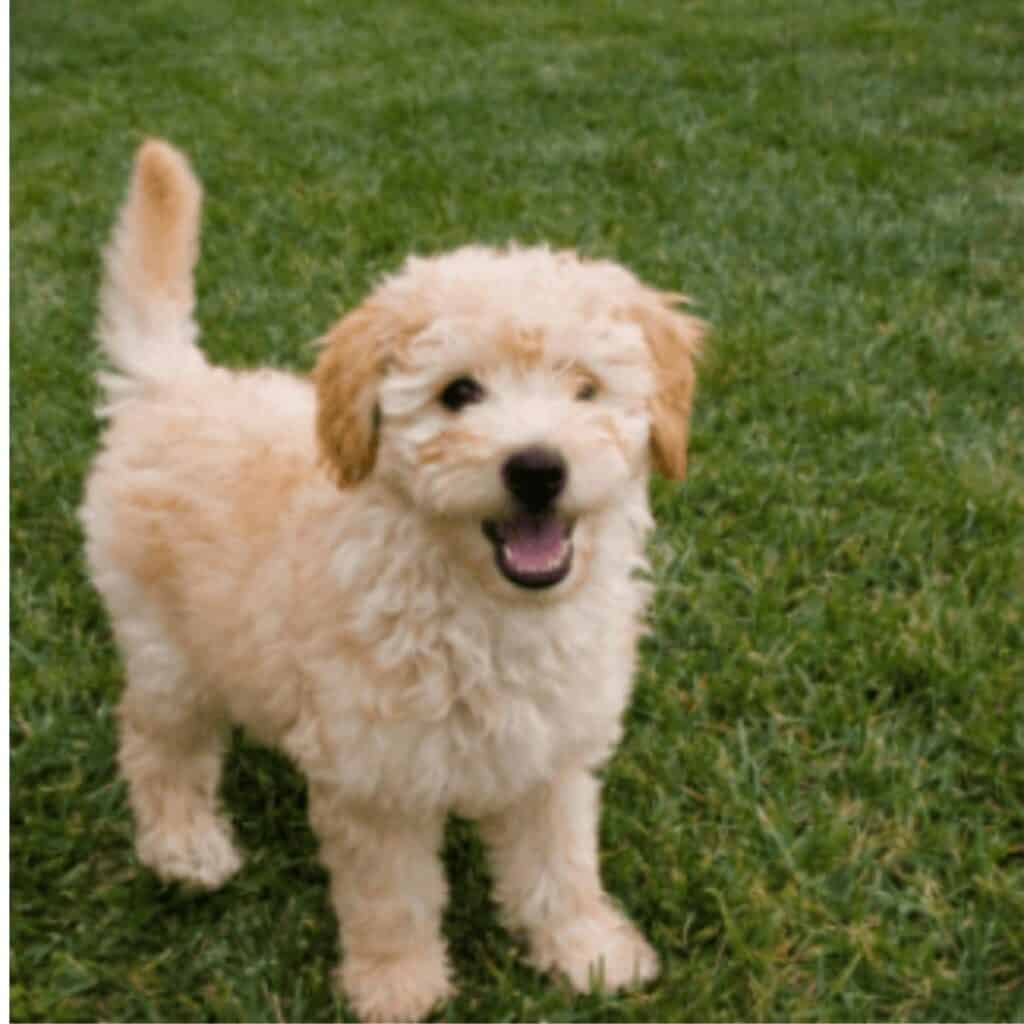 Mini Goldendoodle puppy looking into the camera and standing on grass.