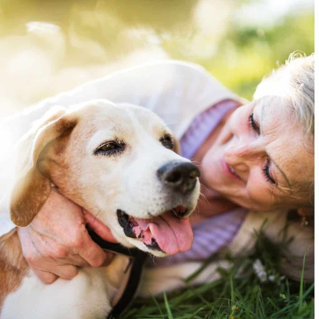 Older woman with an older brown and white dog hugging it on the grass smiling.