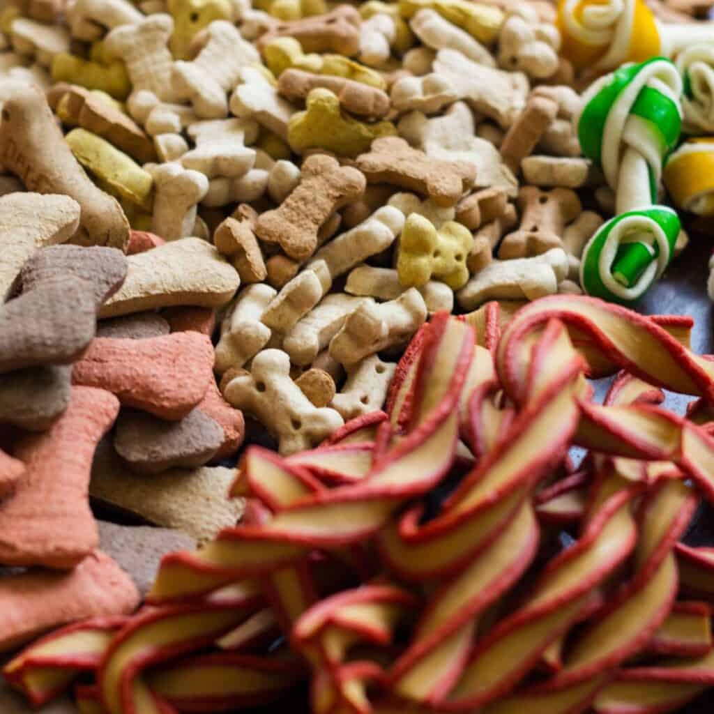 A close up picture of various types of treats from dry treats to rawhide bones to chewy dog treat twists.